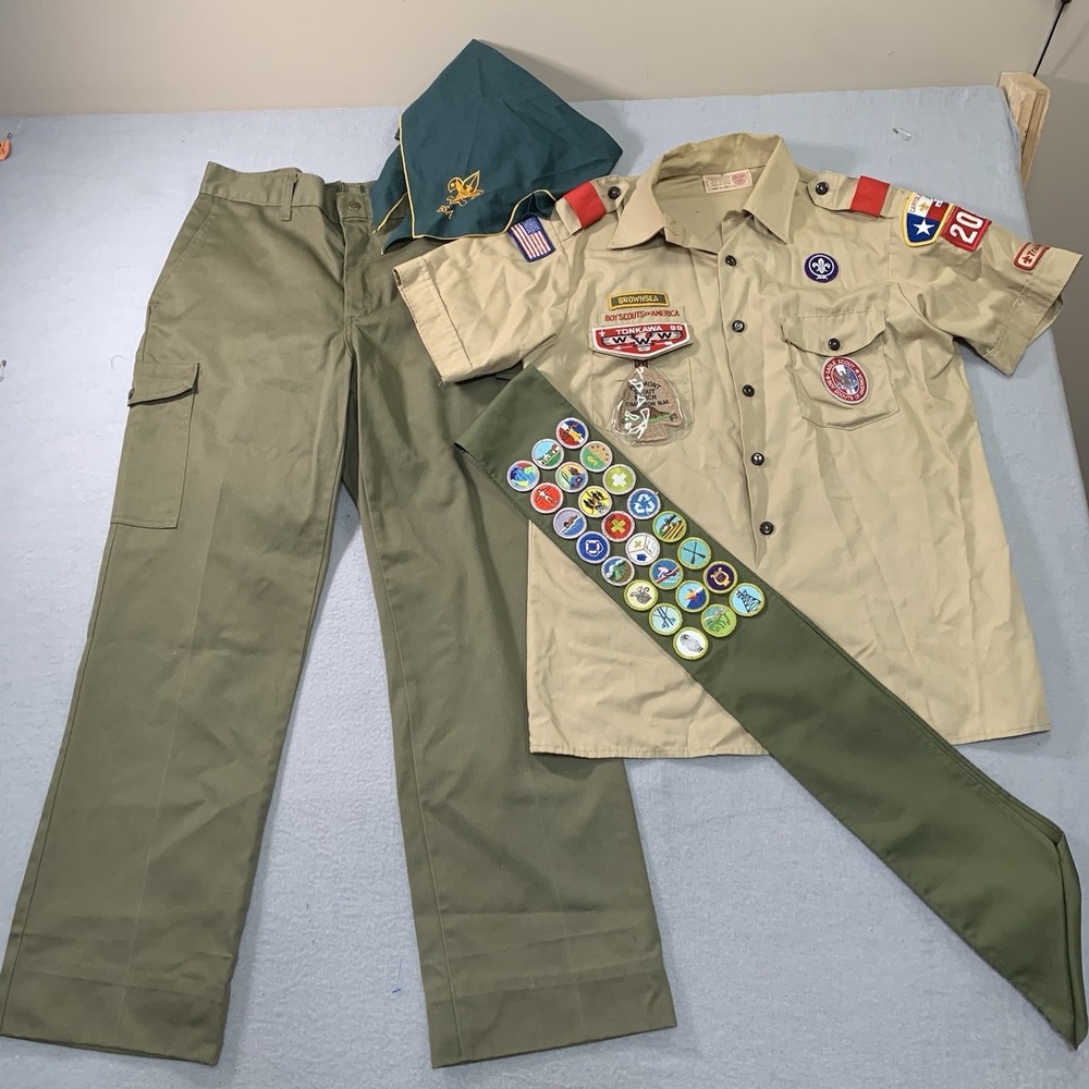 Vintage Boy Scouts Of America Uniform Shirt Merit Badge Scout BSA Camp Hi-Sierra